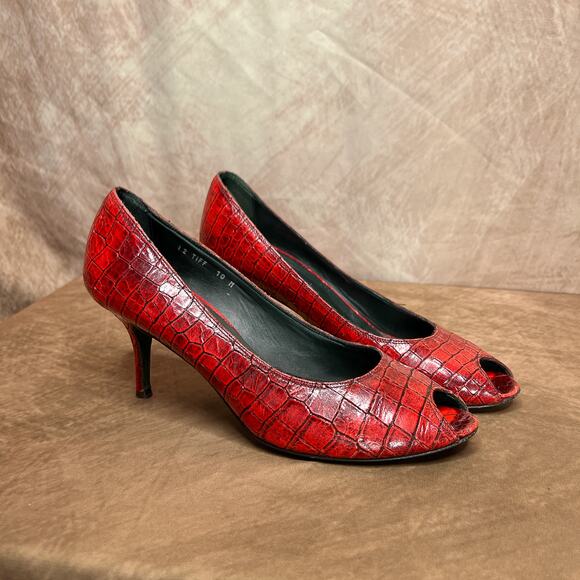 Donald J. Pliner Couture Tiff Red Leather Alligator Pumps Open Toe Stiletto - Picture 1 of 10